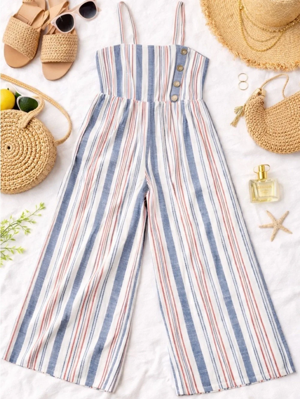 CHANCES R Striped Wide Leg Romper Overalls Linen Feel SzL Spring Summer Stretch - Picture 1 of 5